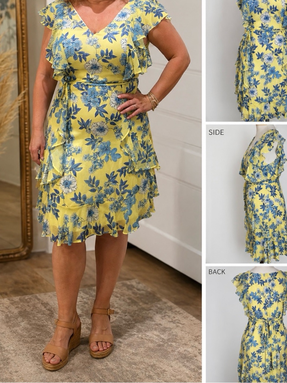 Tommy Hilfiger Yellow Floral Ruffle Wrap Midi Dress